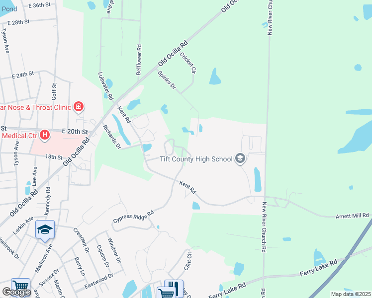 map of restaurants, bars, coffee shops, grocery stores, and more near 90 Spinks Drive in Tifton