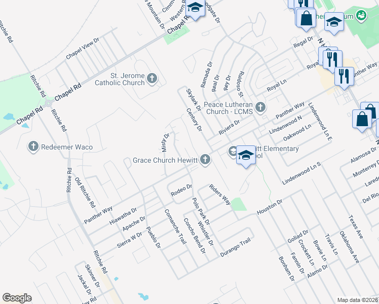 map of restaurants, bars, coffee shops, grocery stores, and more near 10001 Panther Way in Woodway