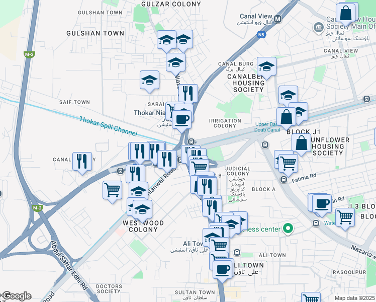 map of restaurants, bars, coffee shops, grocery stores, and more near Thokar Niaz Baig Flyover in Lahore