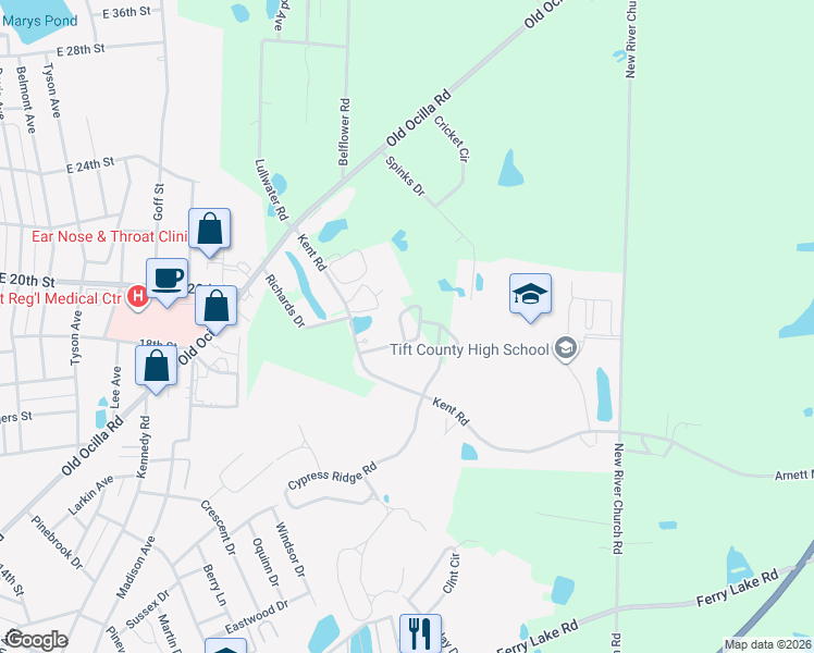 map of restaurants, bars, coffee shops, grocery stores, and more near 103 Golden Way in Tifton