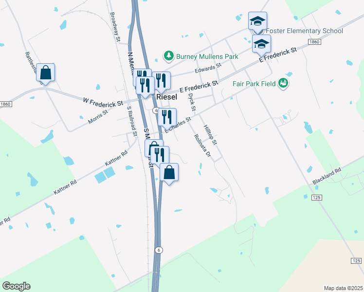 map of restaurants, bars, coffee shops, grocery stores, and more near 304 Jena Street in Riesel
