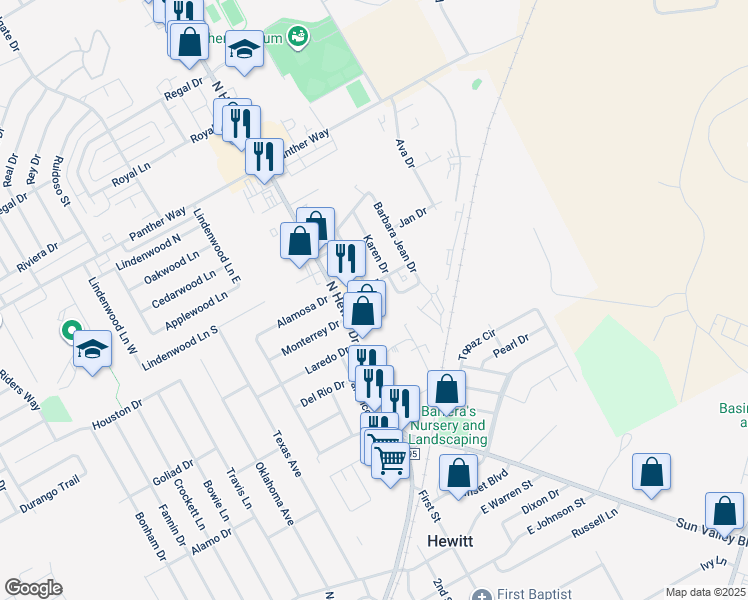 map of restaurants, bars, coffee shops, grocery stores, and more near 415 Karen Drive in Hewitt