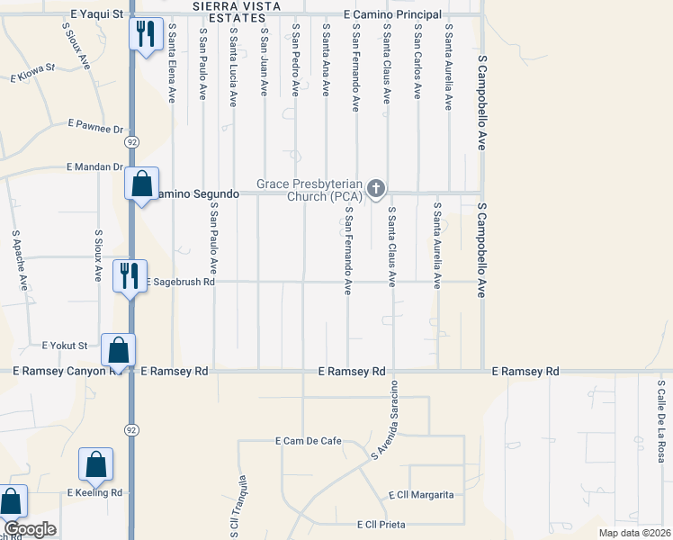 map of restaurants, bars, coffee shops, grocery stores, and more near 5345 South San Fernando Avenue in Sierra Vista
