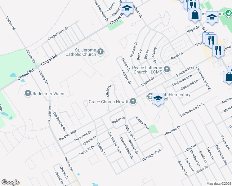 map of restaurants, bars, coffee shops, grocery stores, and more near 2230 Breezy Drive in Waco