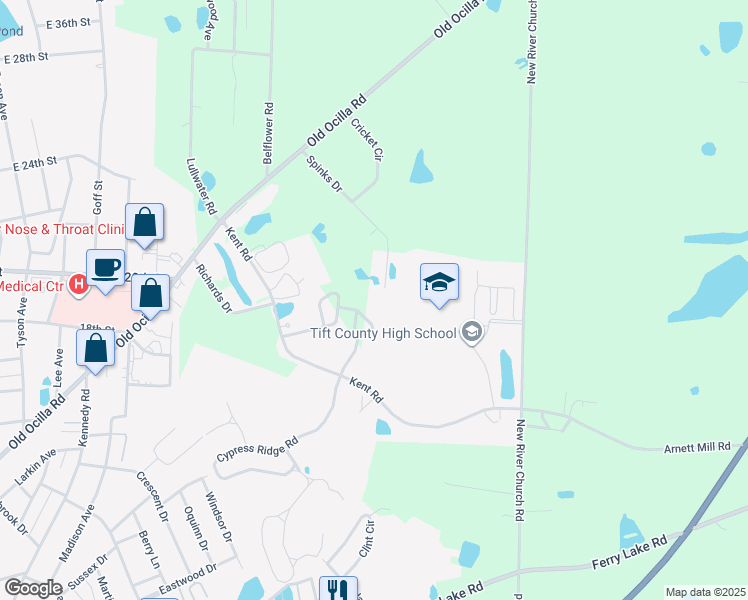 map of restaurants, bars, coffee shops, grocery stores, and more near 90 Spinks Drive in Tifton