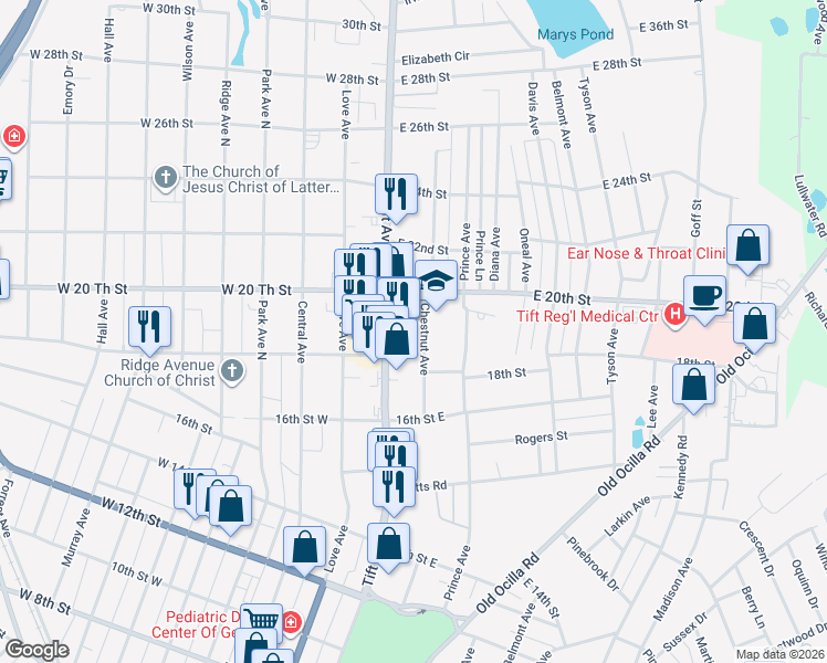 map of restaurants, bars, coffee shops, grocery stores, and more near 1806 Chestnut Avenue in Tifton
