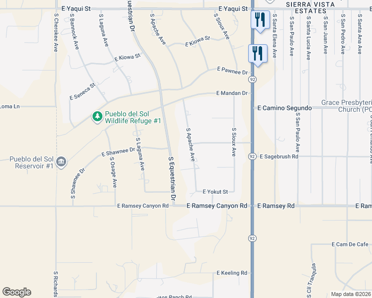 map of restaurants, bars, coffee shops, grocery stores, and more near 5346 South Apache Avenue in Sierra Vista