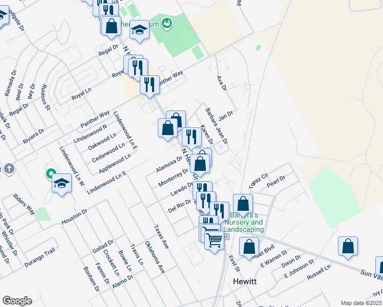 map of restaurants, bars, coffee shops, grocery stores, and more near 500 North Hewitt Drive in Hewitt