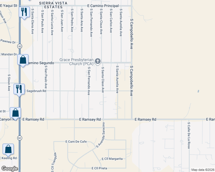 map of restaurants, bars, coffee shops, grocery stores, and more near 5343 South Santa Claus Avenue in Sierra Vista