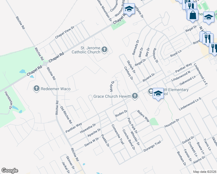 map of restaurants, bars, coffee shops, grocery stores, and more near 2233 Misty Drive in Waco