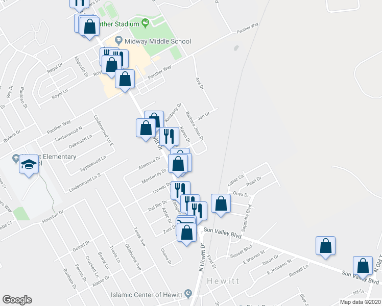 map of restaurants, bars, coffee shops, grocery stores, and more near 415 Karen Drive in Hewitt