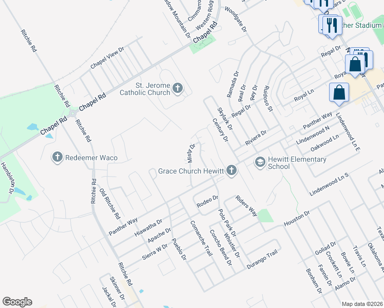 map of restaurants, bars, coffee shops, grocery stores, and more near 2233 Misty Drive in Waco