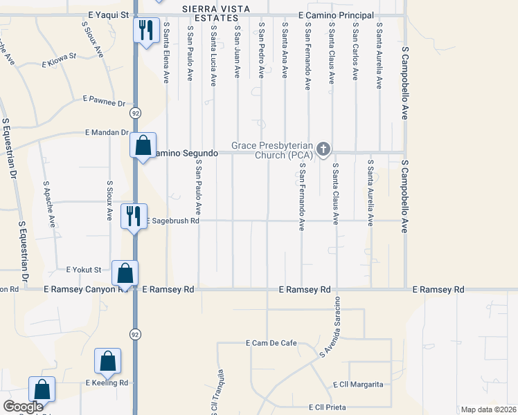 map of restaurants, bars, coffee shops, grocery stores, and more near 5342 South San Pedro Avenue in Sierra Vista