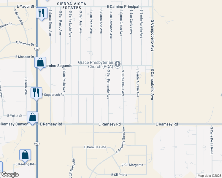 map of restaurants, bars, coffee shops, grocery stores, and more near 5345 South San Fernando Avenue in Sierra Vista
