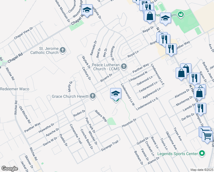 map of restaurants, bars, coffee shops, grocery stores, and more near 2321 Ramada Drive in Waco