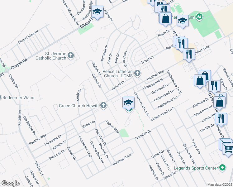 map of restaurants, bars, coffee shops, grocery stores, and more near 2321 Ramada Drive in Waco