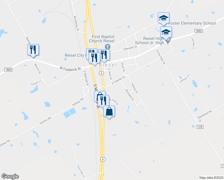 map of restaurants, bars, coffee shops, grocery stores, and more near 304 Jena Street in Riesel