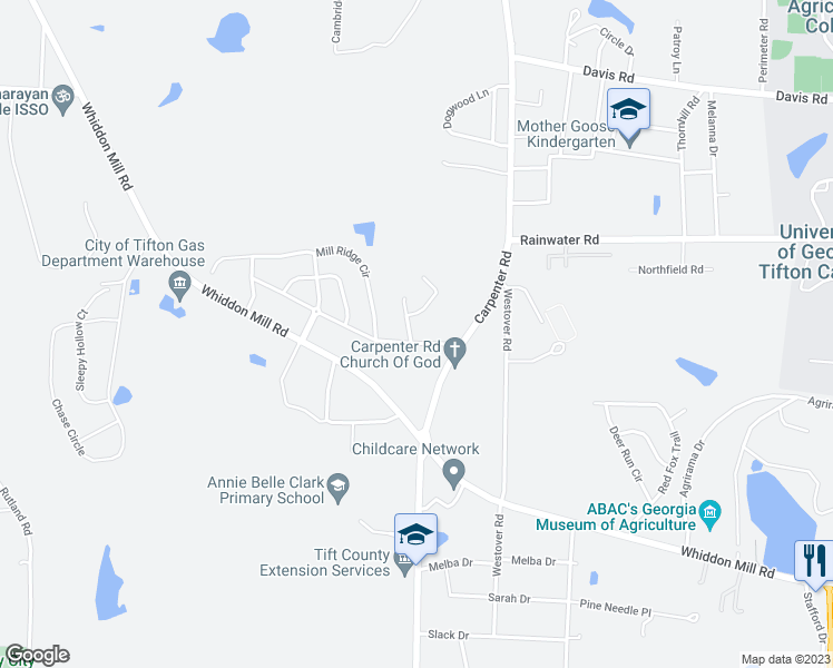 map of restaurants, bars, coffee shops, grocery stores, and more near 101 Oak Forest Lane in Tifton