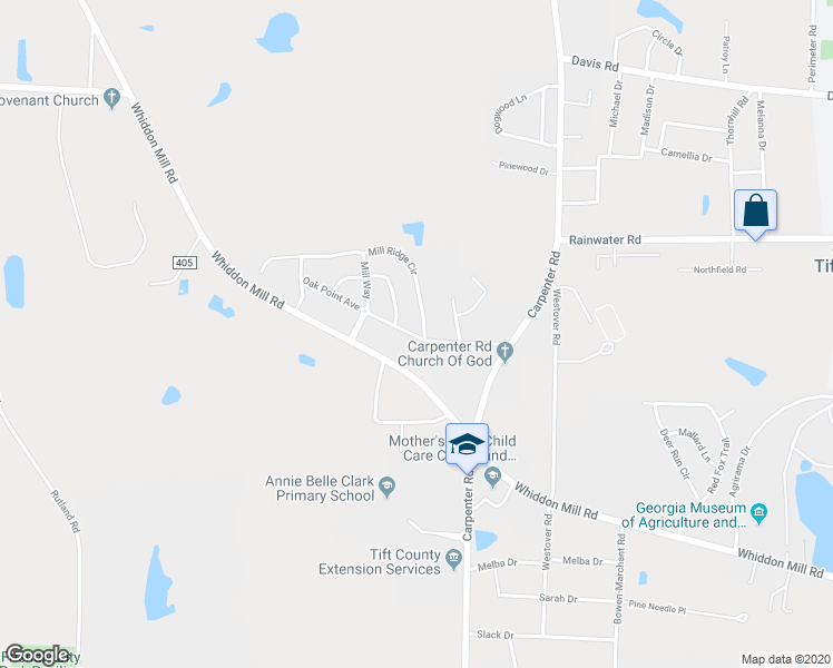 map of restaurants, bars, coffee shops, grocery stores, and more near 107 Oak Point Avenue in Tifton