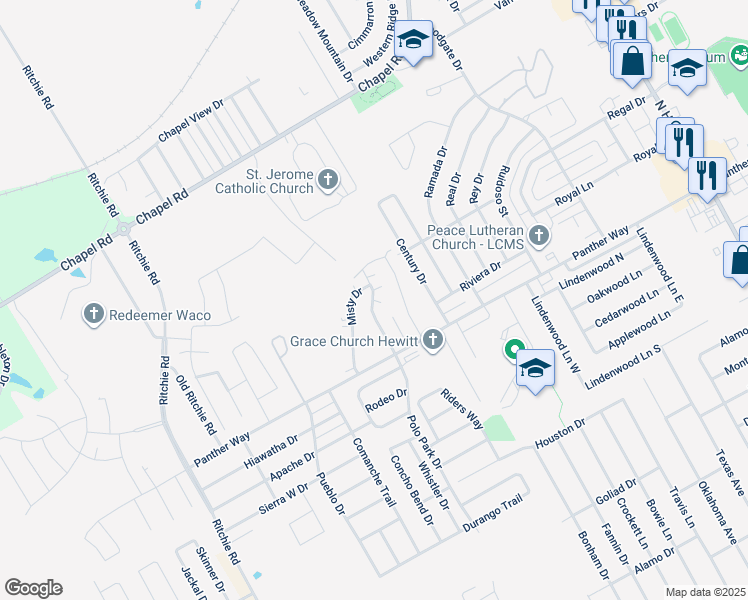 map of restaurants, bars, coffee shops, grocery stores, and more near 2230 Breezy Drive in Waco