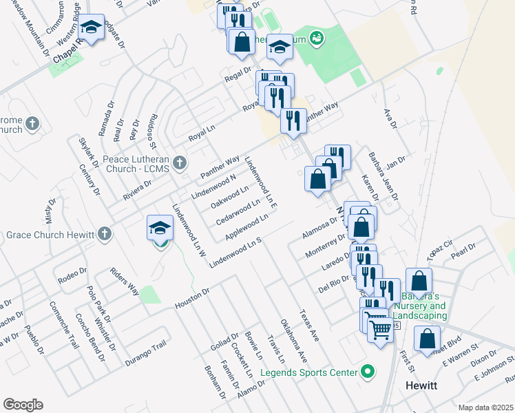 map of restaurants, bars, coffee shops, grocery stores, and more near 309 Cedarwood Lane in Hewitt
