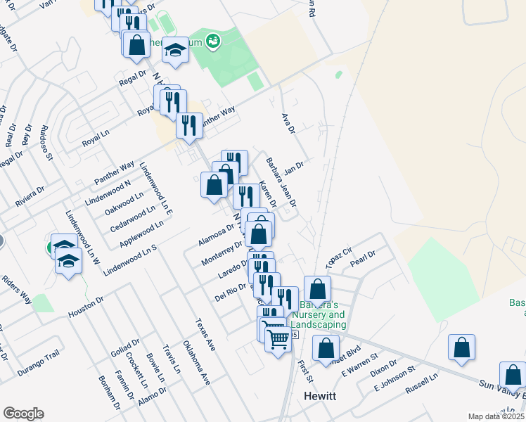 map of restaurants, bars, coffee shops, grocery stores, and more near 500 North Hewitt Drive in Hewitt