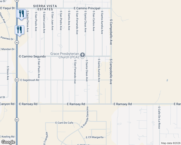map of restaurants, bars, coffee shops, grocery stores, and more near 5343 South Santa Claus Avenue in Sierra Vista