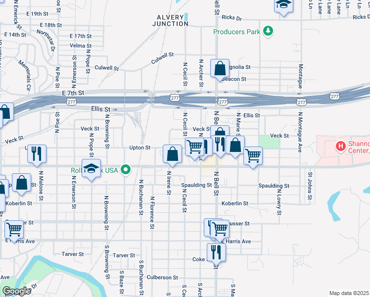 map of restaurants, bars, coffee shops, grocery stores, and more near 499 North Cecil Street in San Angelo