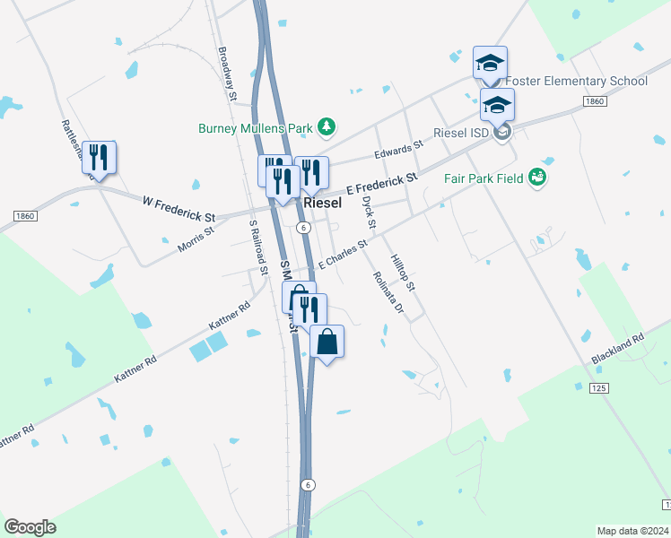 map of restaurants, bars, coffee shops, grocery stores, and more near 304 Jena Street in Riesel
