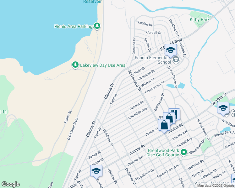 map of restaurants, bars, coffee shops, grocery stores, and more near 2301 Field Street in San Angelo