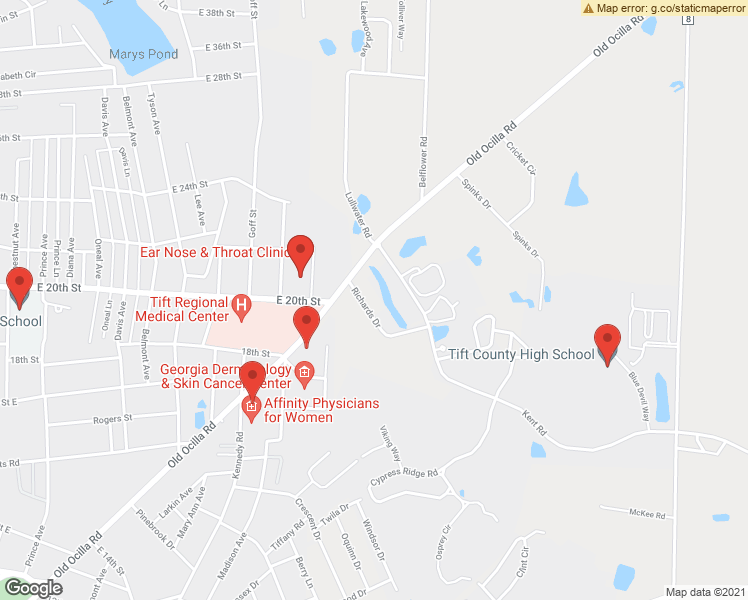 map of restaurants, bars, coffee shops, grocery stores, and more near 17 Richards Drive in Tifton