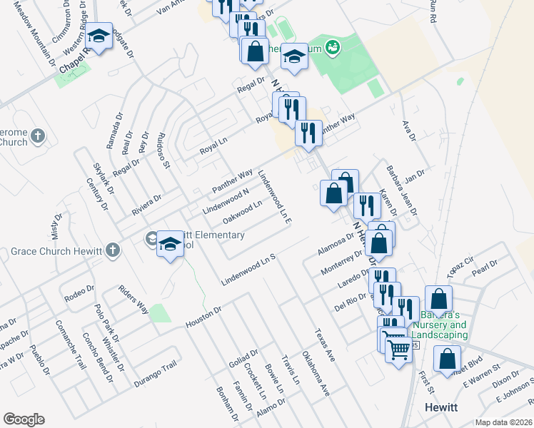 map of restaurants, bars, coffee shops, grocery stores, and more near 308 Cedarwood Lane in Hewitt