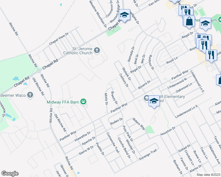 map of restaurants, bars, coffee shops, grocery stores, and more near 1619 Breezy Drive in Waco