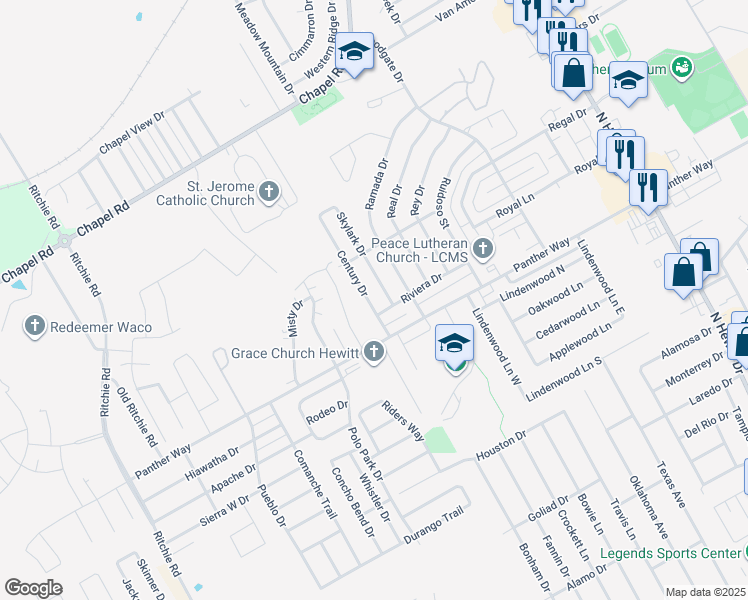 map of restaurants, bars, coffee shops, grocery stores, and more near 2212 Century Drive in Waco