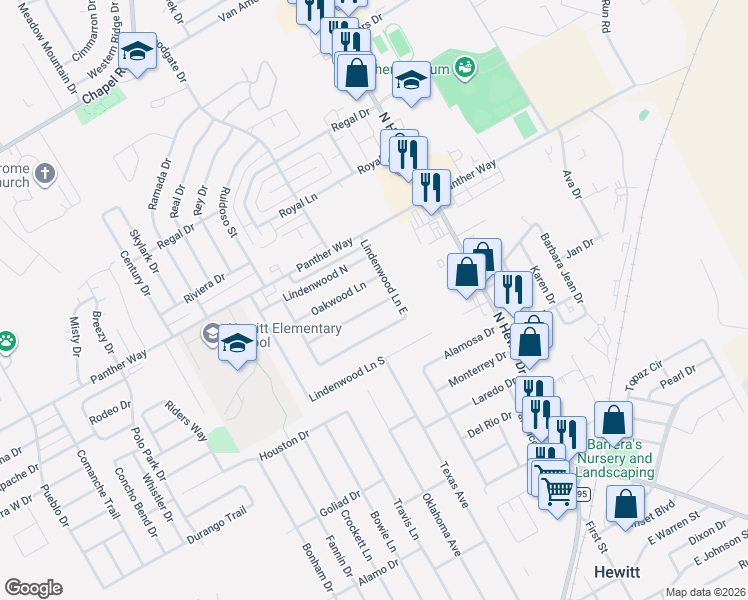 map of restaurants, bars, coffee shops, grocery stores, and more near 301 Oakwood Lane in Hewitt