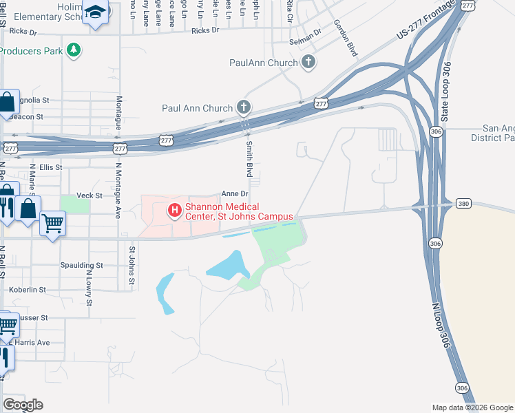map of restaurants, bars, coffee shops, grocery stores, and more near 301-451 Smith Blvd in San Angelo