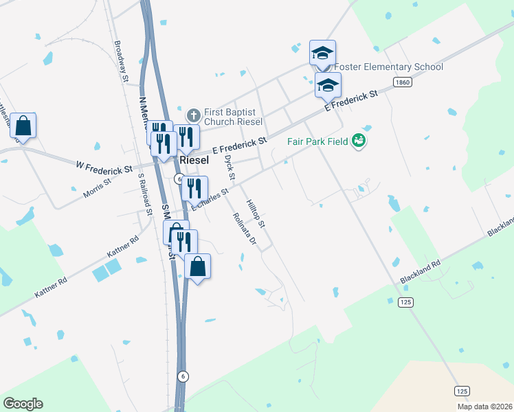 map of restaurants, bars, coffee shops, grocery stores, and more near 105 Hilltop Street in Riesel