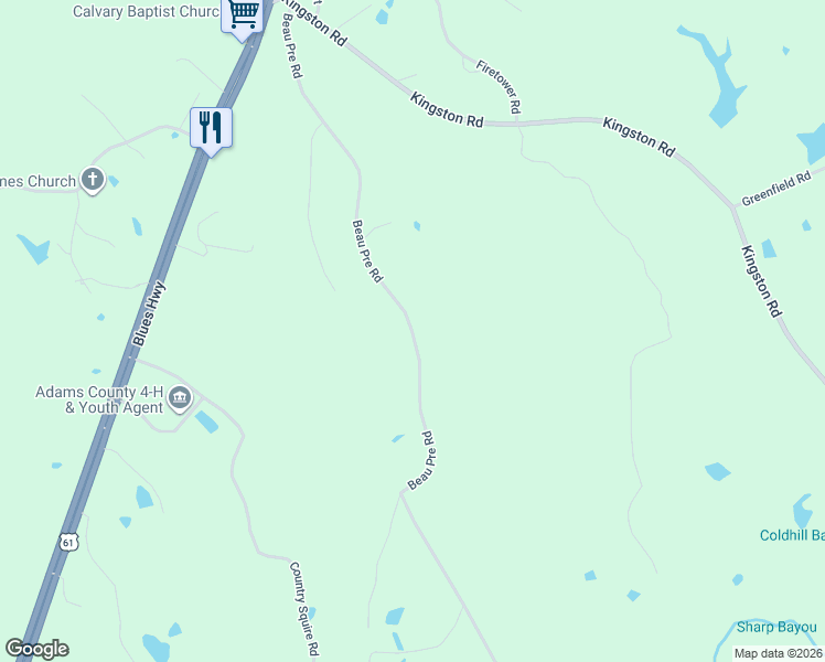 map of restaurants, bars, coffee shops, grocery stores, and more near Beau Pre Road in Natchez