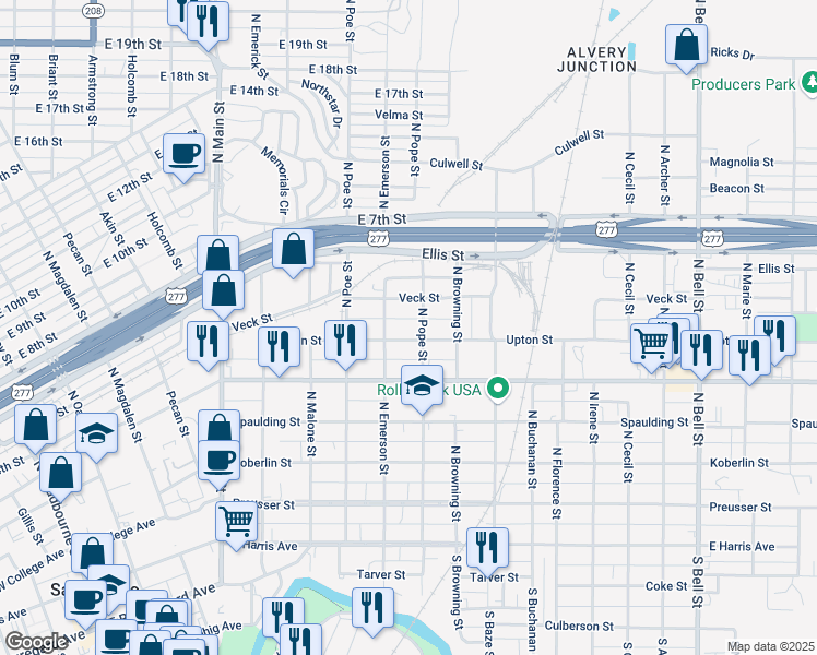 map of restaurants, bars, coffee shops, grocery stores, and more near 721 Veck Street in San Angelo