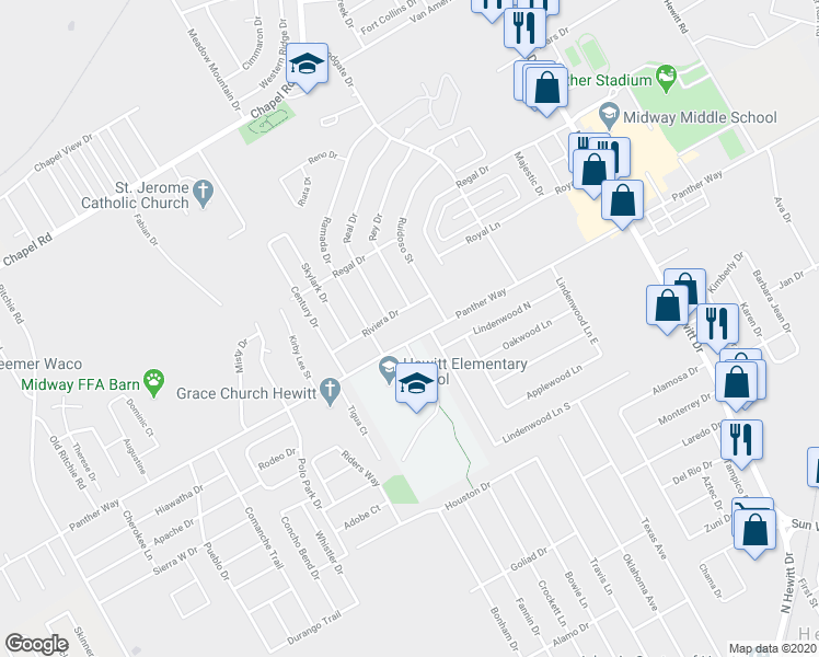 map of restaurants, bars, coffee shops, grocery stores, and more near 9503 Panther Way in Waco
