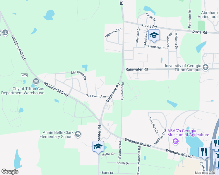 map of restaurants, bars, coffee shops, grocery stores, and more near 61 Carpenter Road North in Tifton