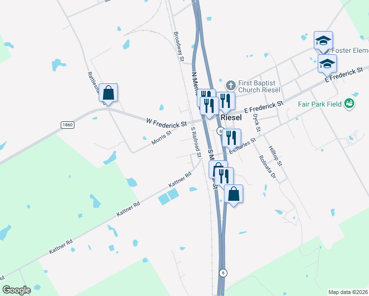 map of restaurants, bars, coffee shops, grocery stores, and more near 107 Brookshire Street in Riesel