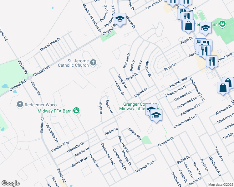 map of restaurants, bars, coffee shops, grocery stores, and more near 2112 Kirby Lee Street in Woodway