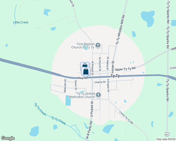 map of restaurants, bars, coffee shops, grocery stores, and more near 108 West North Street in Ty Ty