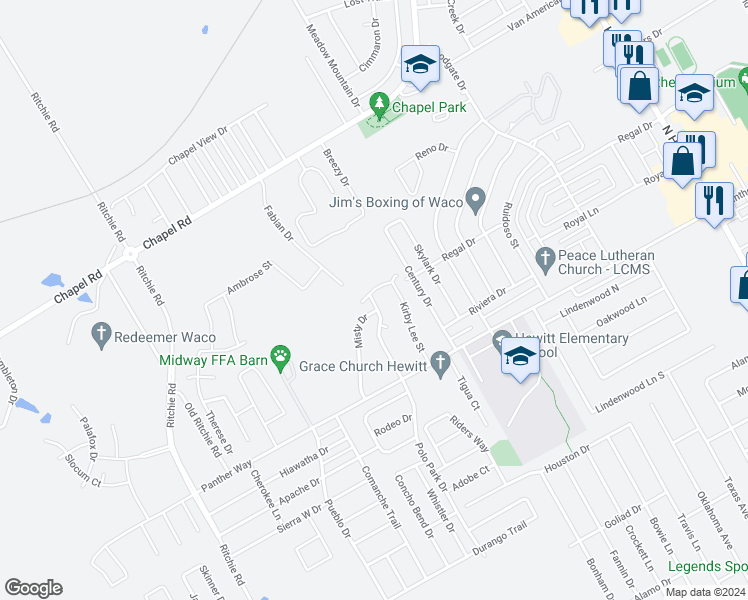 map of restaurants, bars, coffee shops, grocery stores, and more near 2102 Breezy Drive in Waco