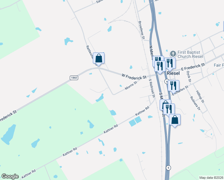 map of restaurants, bars, coffee shops, grocery stores, and more near 206 Morris Street in Riesel