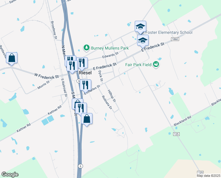 map of restaurants, bars, coffee shops, grocery stores, and more near 105 Hilltop Street in Riesel