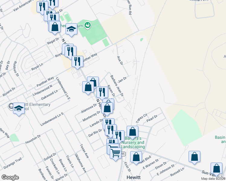 map of restaurants, bars, coffee shops, grocery stores, and more near 520 Karen Drive in Hewitt