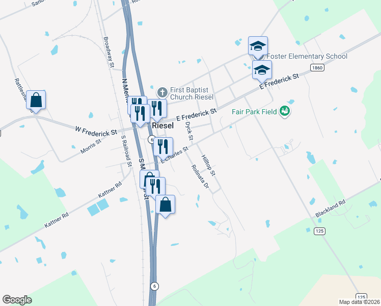 map of restaurants, bars, coffee shops, grocery stores, and more near 101 Rolinata Dr in Riesel