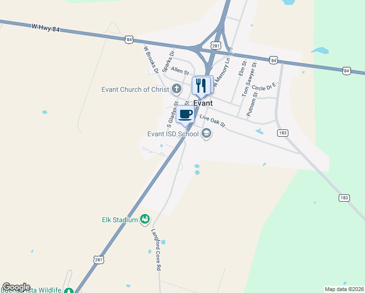 map of restaurants, bars, coffee shops, grocery stores, and more near 222 Langford Cove Road in Evant